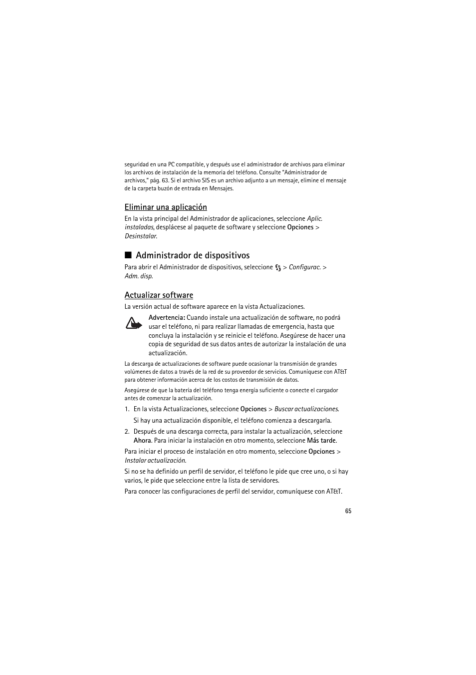 Eliminar una aplicación, Administrador de dispositivos, Actualizar software | Nokia 6790 User Manual | Page 127 / 137