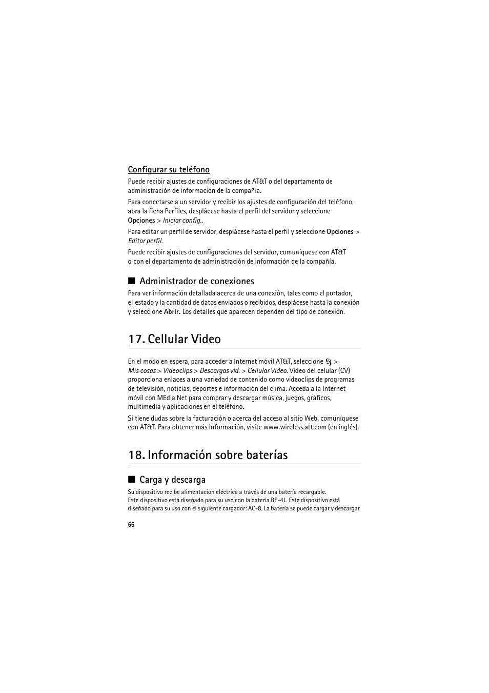 Configurar su teléfono, Administrador de conexiones, Cellular video | Información sobre baterías, Carga y descarga | Nokia 6790 User Manual | Page 128 / 137