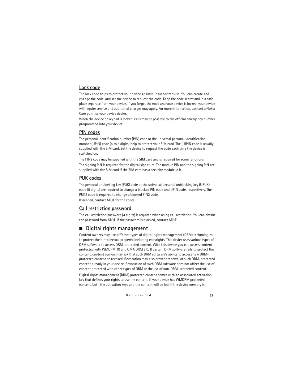 Lock code, Pin codes, Puk codes | Call restriction password, Digital rights management | Nokia 6790 User Manual | Page 14 / 137