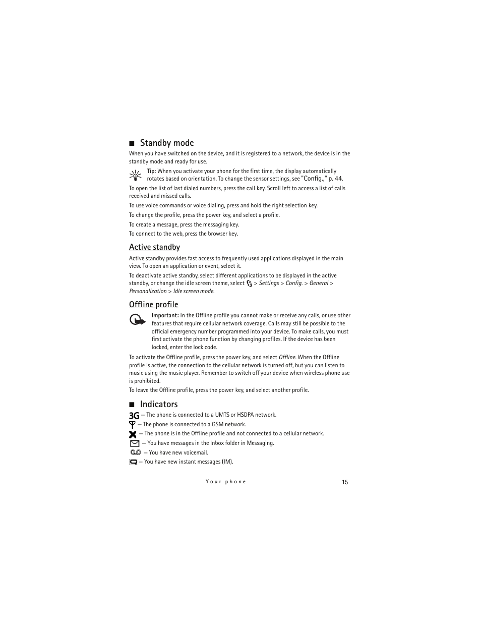 Standby mode, Active standby, Offline profile | Indicators | Nokia 6790 User Manual | Page 16 / 137