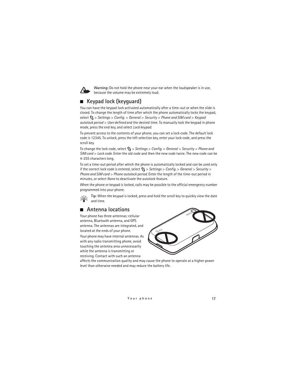 Keypad lock (keyguard), Antenna, Antenna locations | Nokia 6790 User Manual | Page 18 / 137