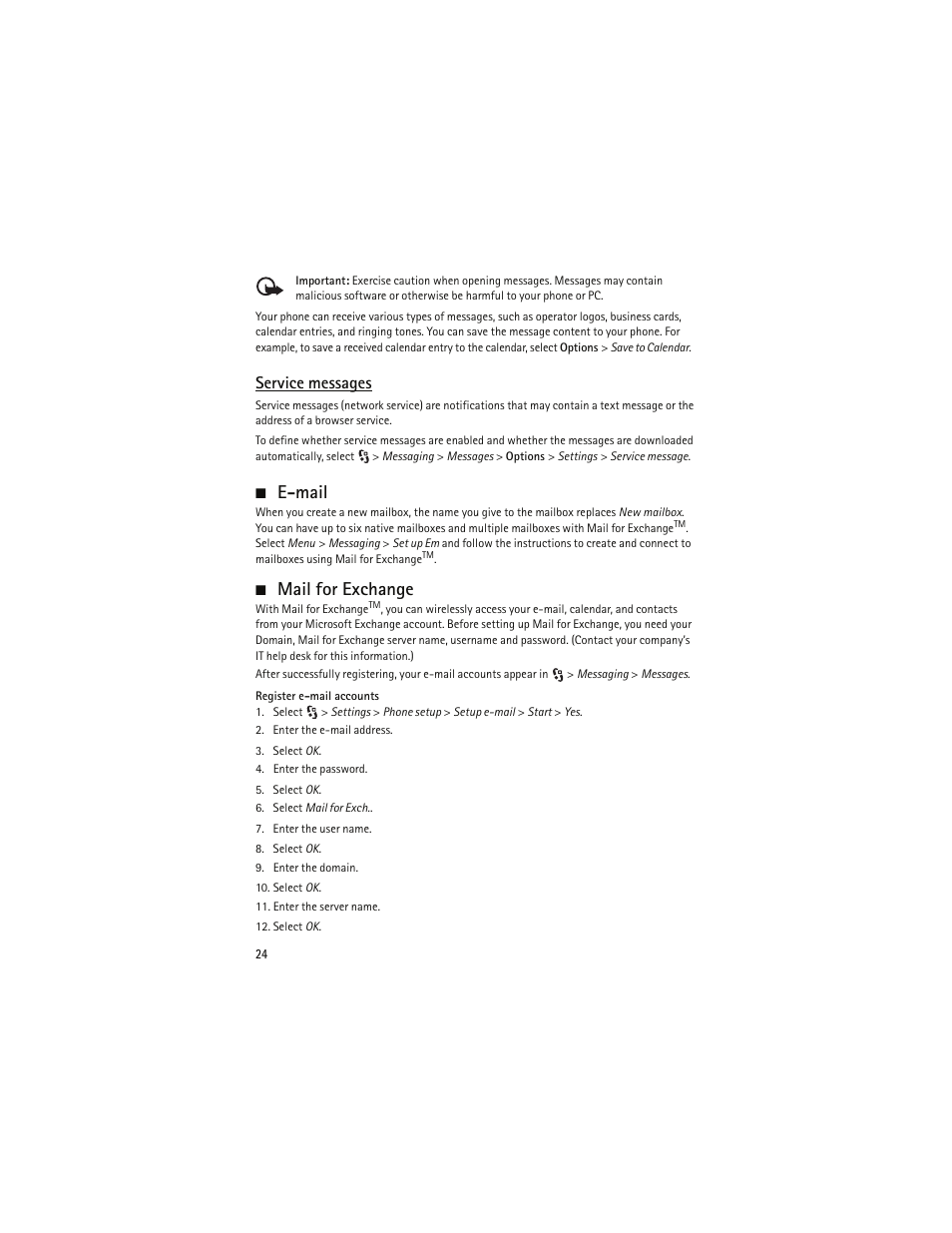 Service messages, Email, Mail for exchange | E-mail | Nokia 6790 User Manual | Page 25 / 137