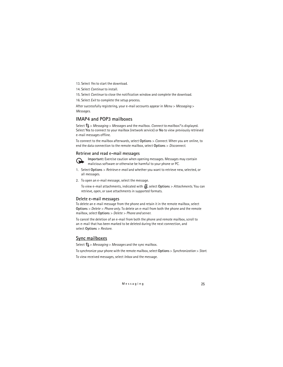 Imap4 and pop3 mailboxes, Retrieve and read email messages, Delete email messages | Sync mailboxes | Nokia 6790 User Manual | Page 26 / 137