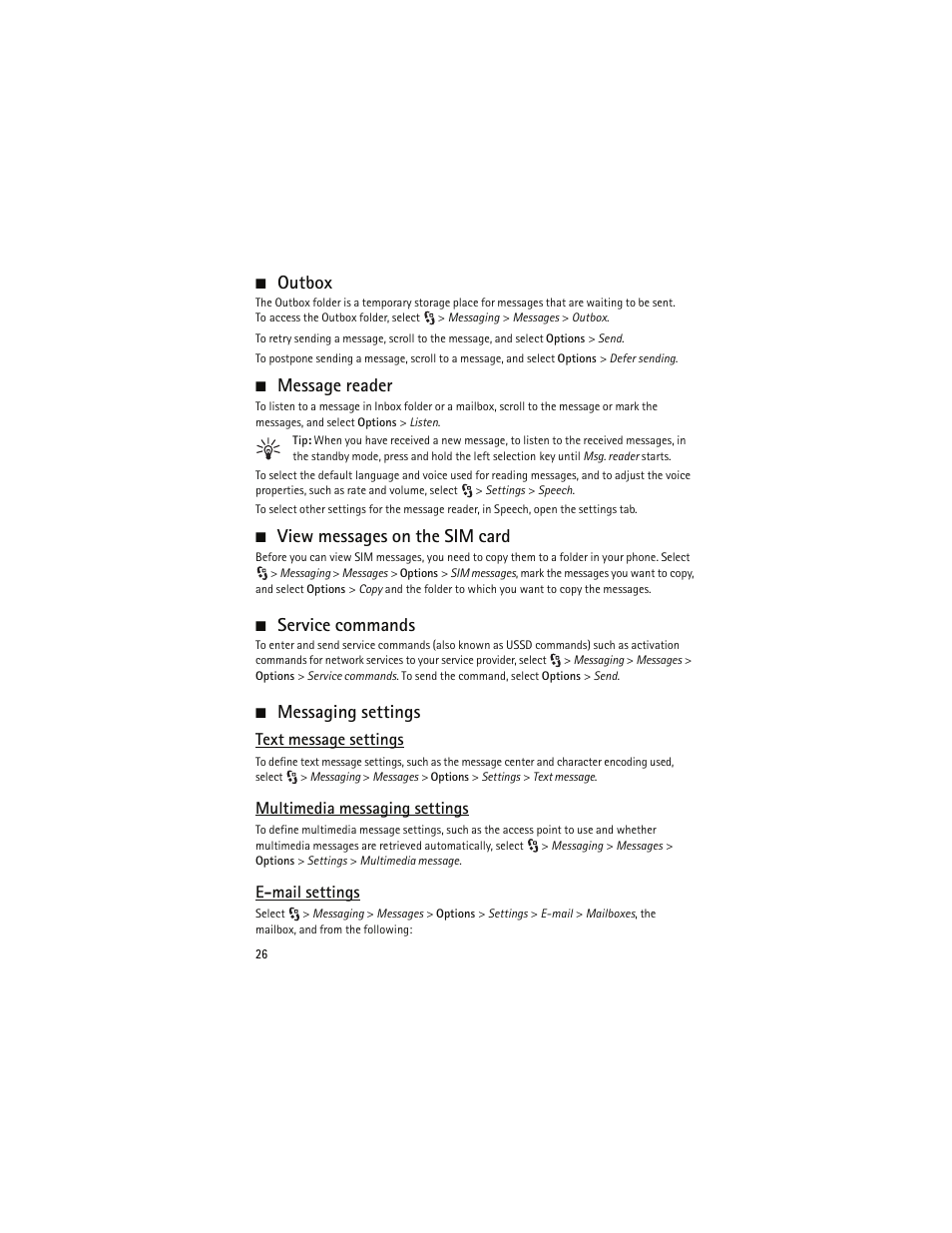 Outbox, Message reader, View messages on the sim card | Service commands, Messaging settings, Text message settings, Multimedia messaging settings, Email settings | Nokia 6790 User Manual | Page 27 / 137