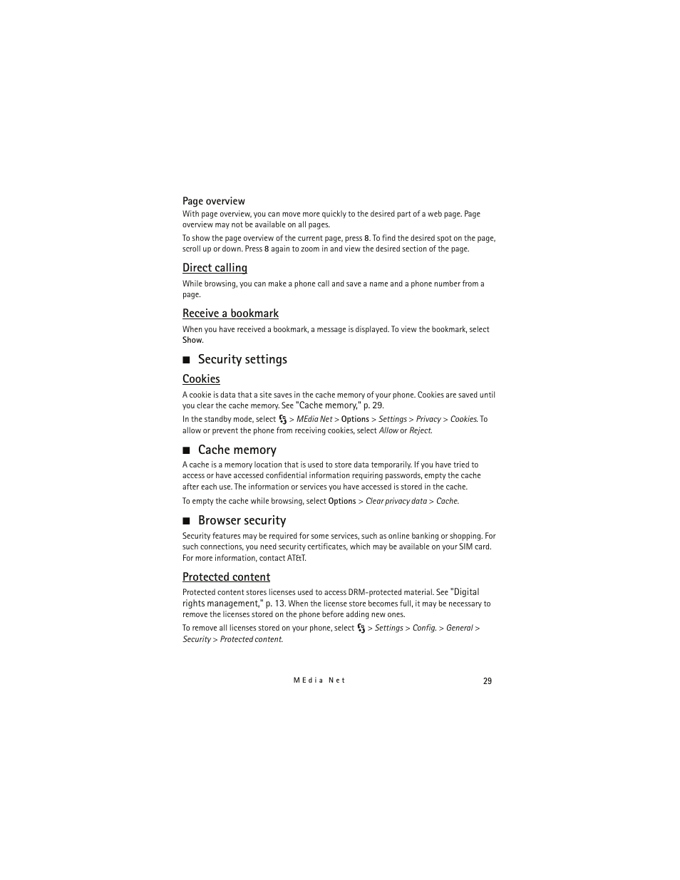 Direct calling, Receive a bookmark, Security settings | Cookies, Cache memory, Browser security, Protected content | Nokia 6790 User Manual | Page 30 / 137