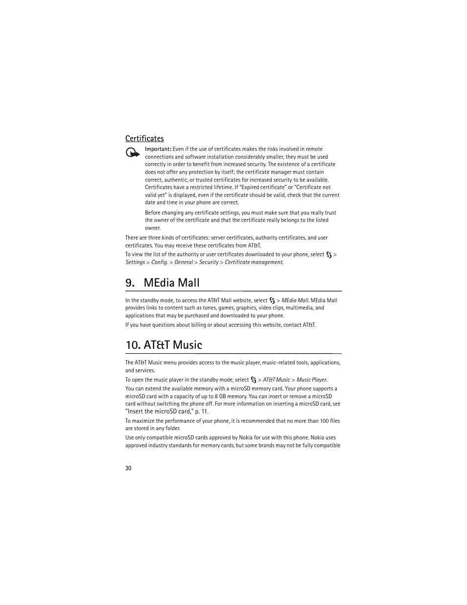 Certificates, Media mall, At&t music | Nokia 6790 User Manual | Page 31 / 137