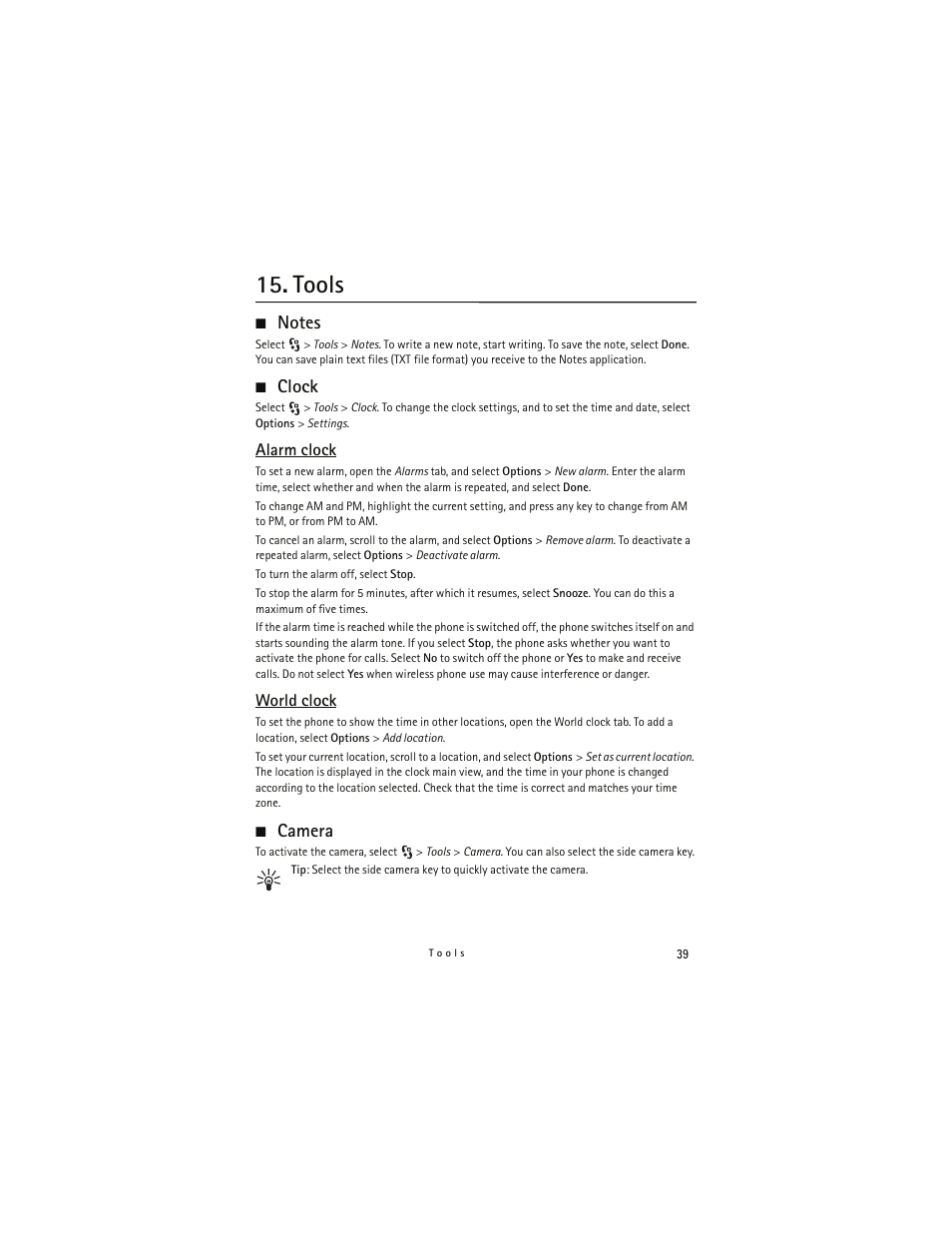 Tools, Notes, Clock | Alarm clock, World clock, Camera | Nokia 6790 User Manual | Page 40 / 137