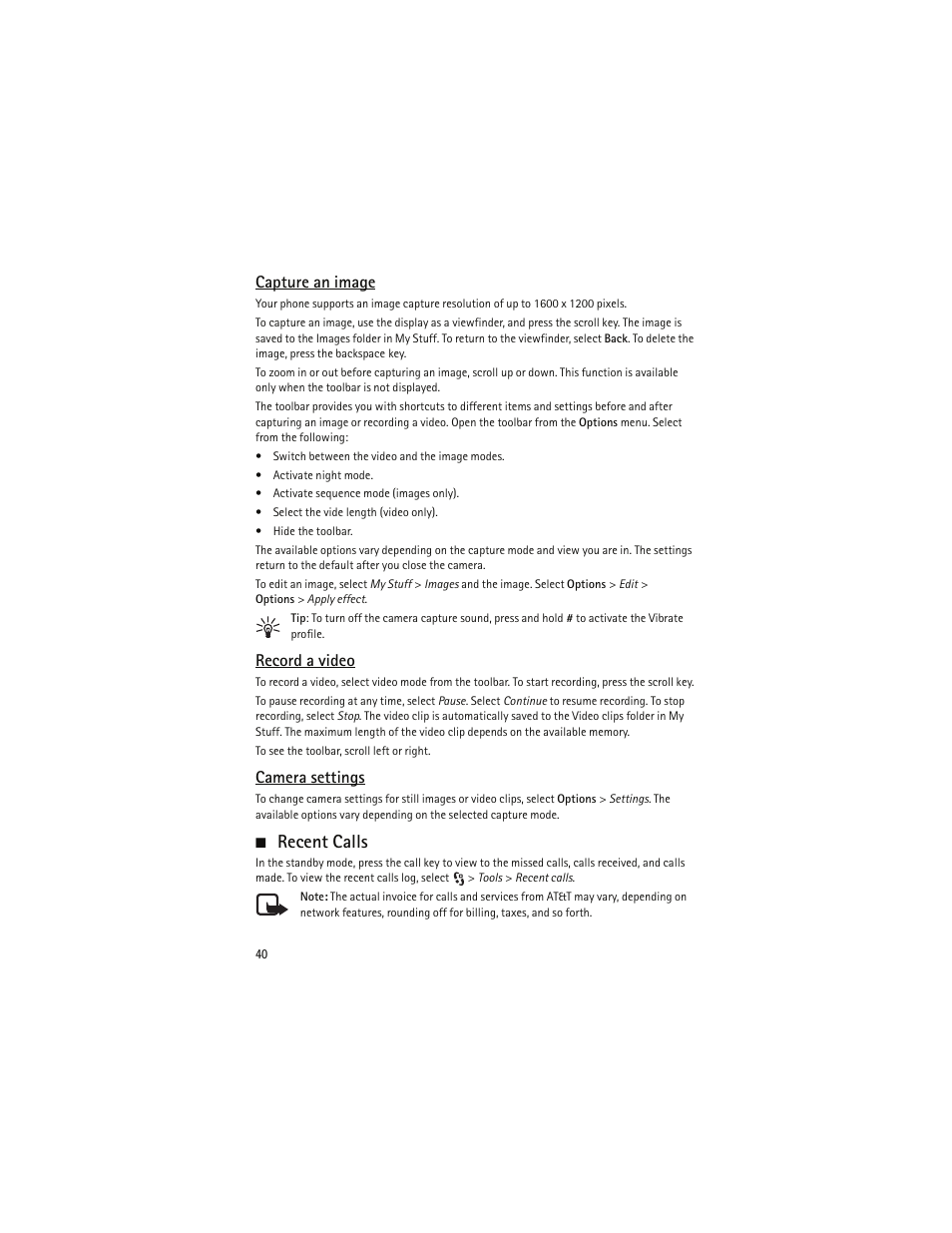 Capture an image, Record a video, Camera settings | Recent calls | Nokia 6790 User Manual | Page 41 / 137