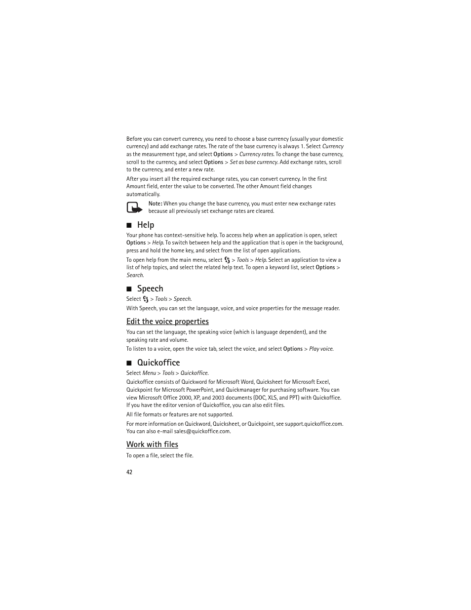 Help, Speech, Edit the voice properties | Quickoffice, Work with files | Nokia 6790 User Manual | Page 43 / 137