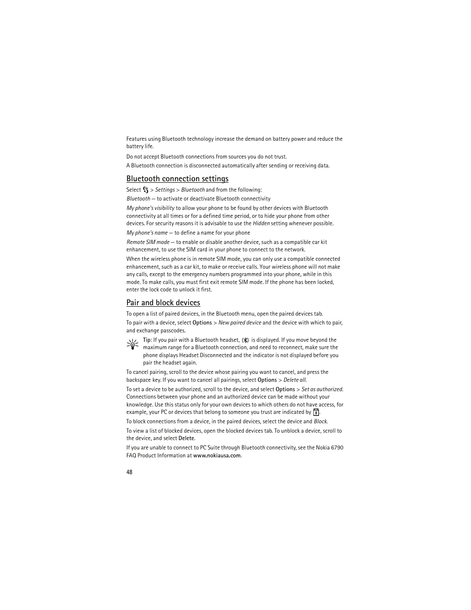 Bluetooth connection settings, Pair and block devices, Bluetooth connection settings," p. 48 | Nokia 6790 User Manual | Page 49 / 137