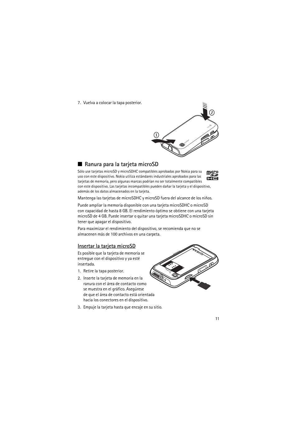 Ranura para la tarjeta microsd, Insertar la tarjeta microsd | Nokia 6790 User Manual | Page 73 / 137