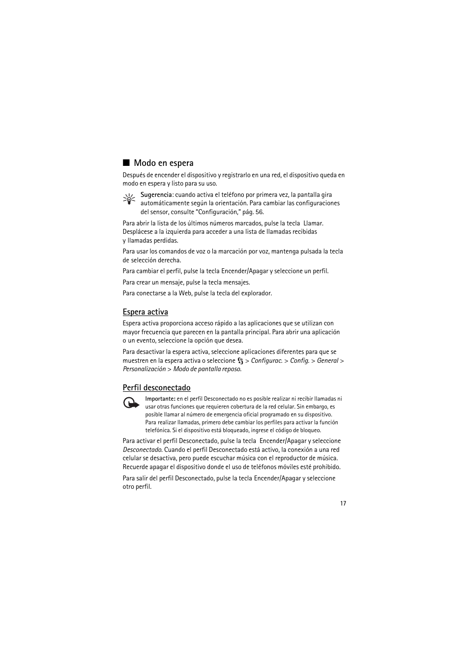 Modo en espera, Espera activa, Perfil desconectado | Nokia 6790 User Manual | Page 79 / 137