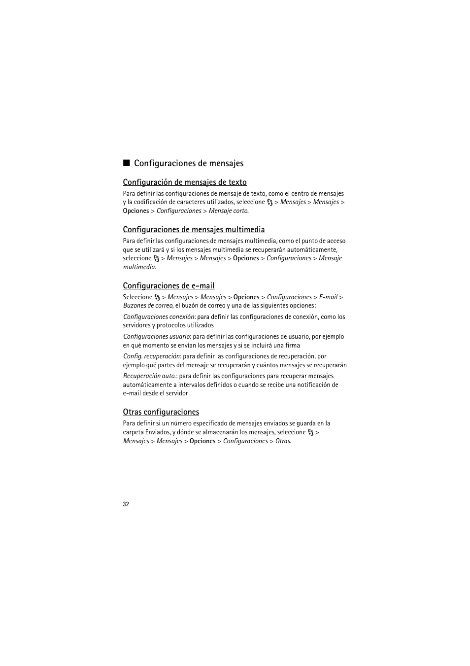 Configuraciones de mensajes, Configuración de mensajes de texto, Configuraciones de mensajes multimedia | Configuraciones de email, Otras configuraciones | Nokia 6790 User Manual | Page 94 / 137