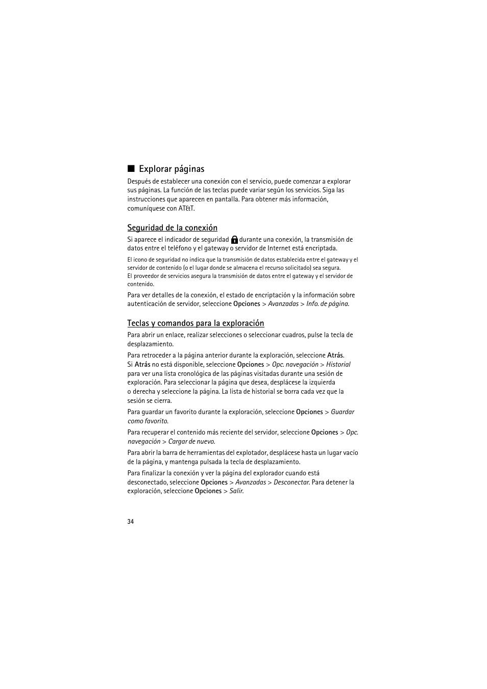 Seguridad de la conexión, Teclas y comandos para la exploración, Explorar páginas | Nokia 6790 User Manual | Page 96 / 137