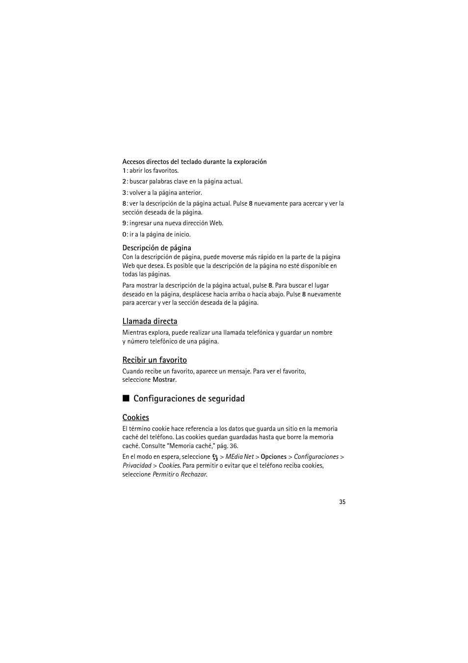 Llamada directa, Recibir un favorito, Configuraciones de seguridad | Cookies | Nokia 6790 User Manual | Page 97 / 137