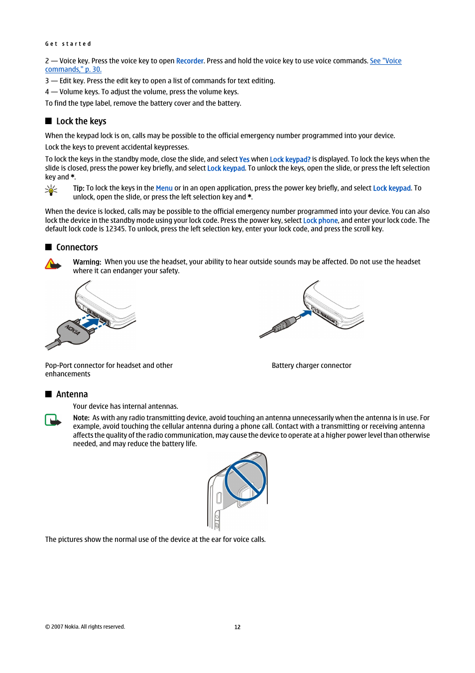 Lock the keys, Connectors, Antenna | Nokia E65 User Manual | Page 12 / 99