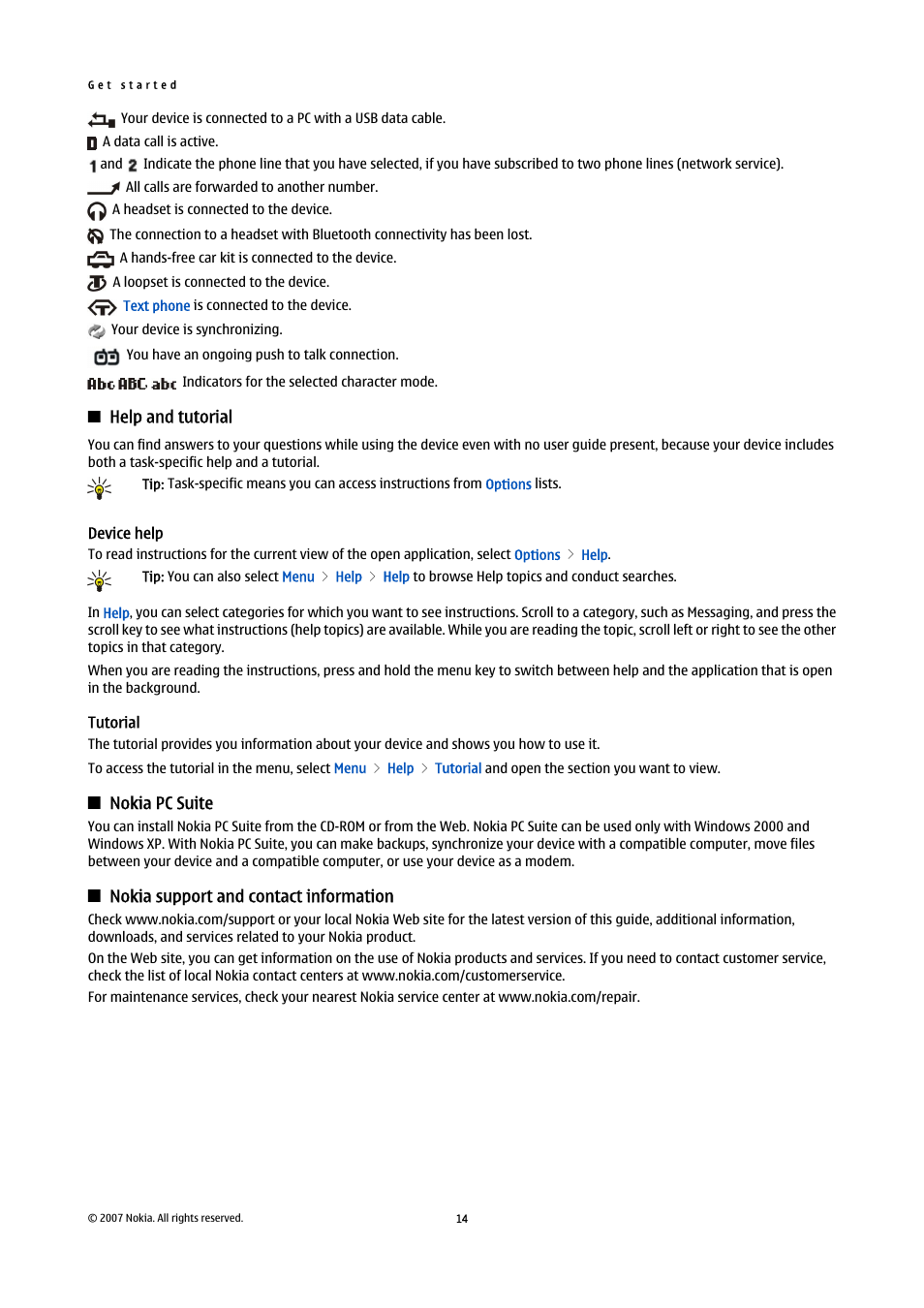 Help and tutorial, Device help, Tutorial | Nokia pc suite, Nokia support and contact information | Nokia E65 User Manual | Page 14 / 99