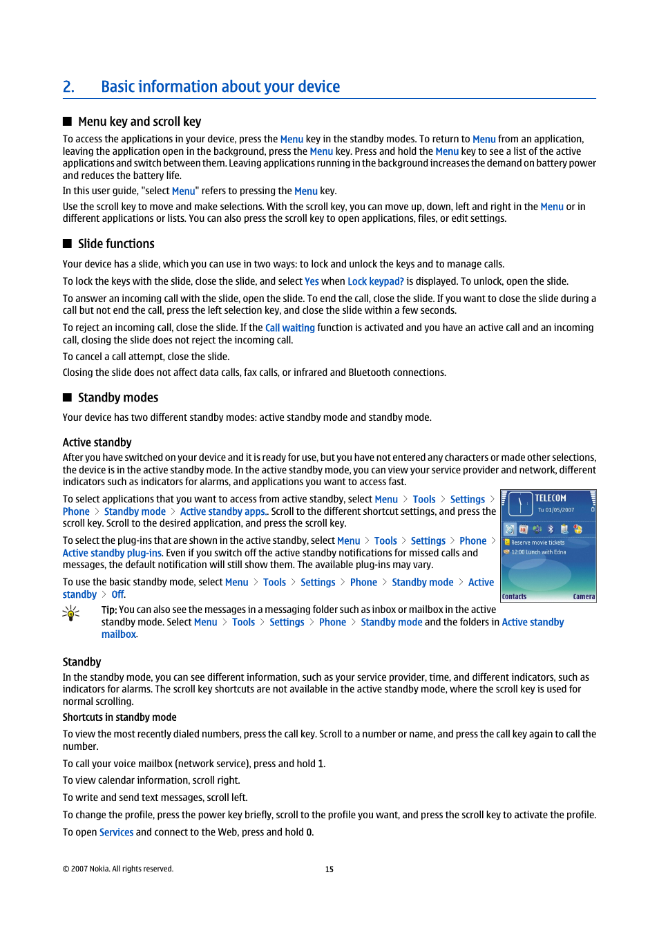 Basic information about your device, Menu key and scroll key, Slide functions | Standby modes, Active standby, Standby | Nokia E65 User Manual | Page 15 / 99