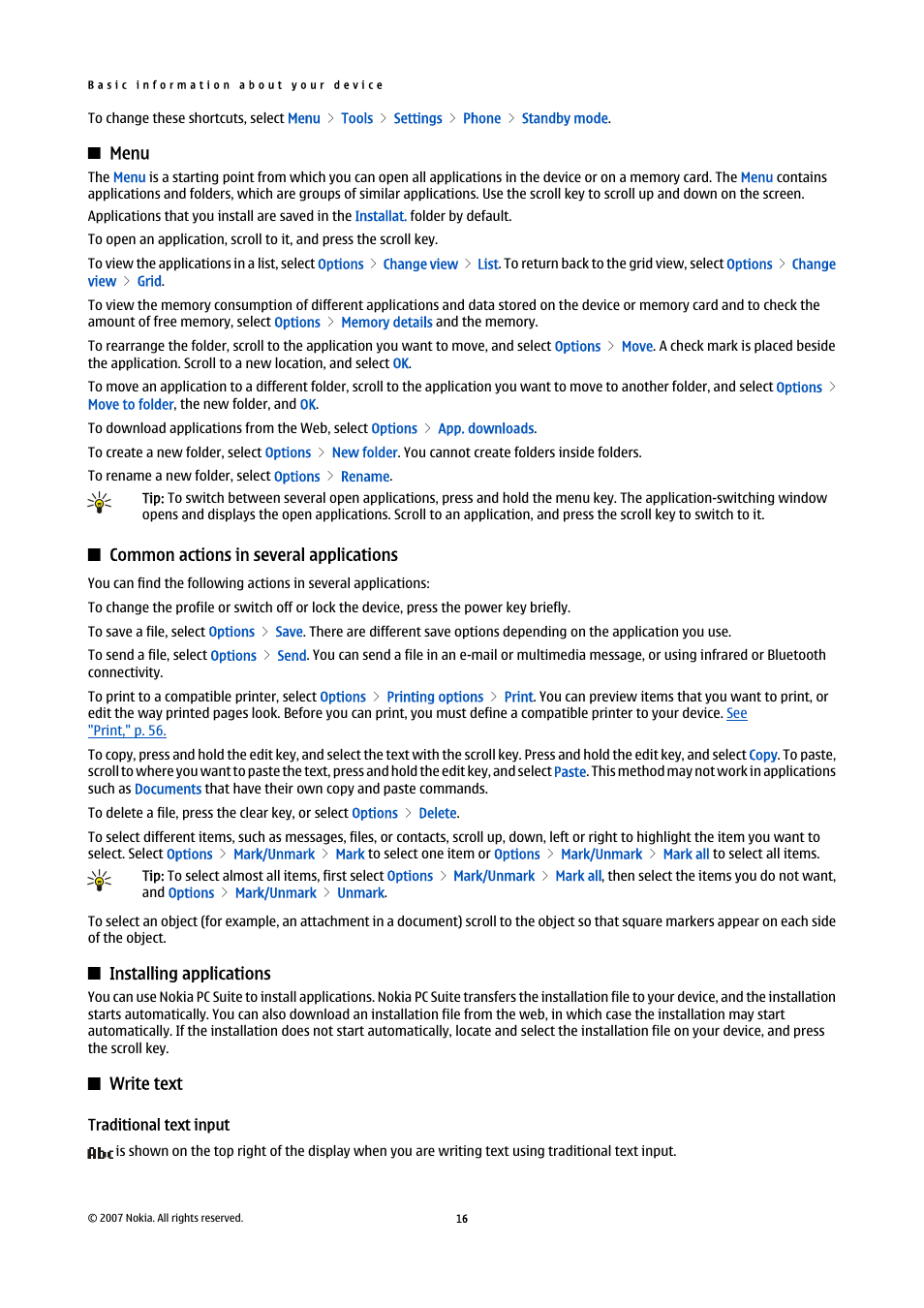 Menu, Common actions in several applications, Installing applications | Write text, Traditional text input | Nokia E65 User Manual | Page 16 / 99