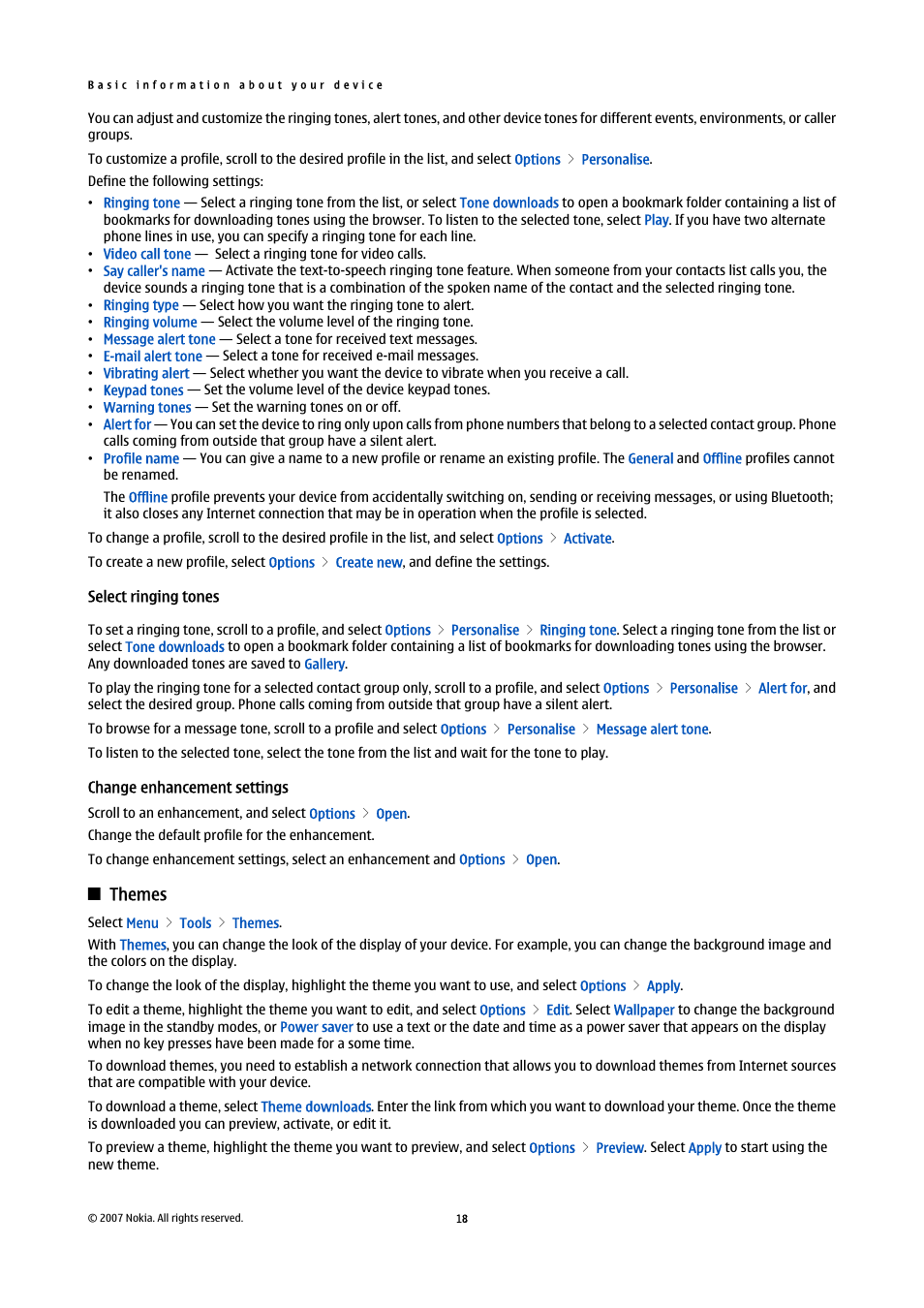 Select ringing tones, Change enhancement settings, Themes | Nokia E65 User Manual | Page 18 / 99