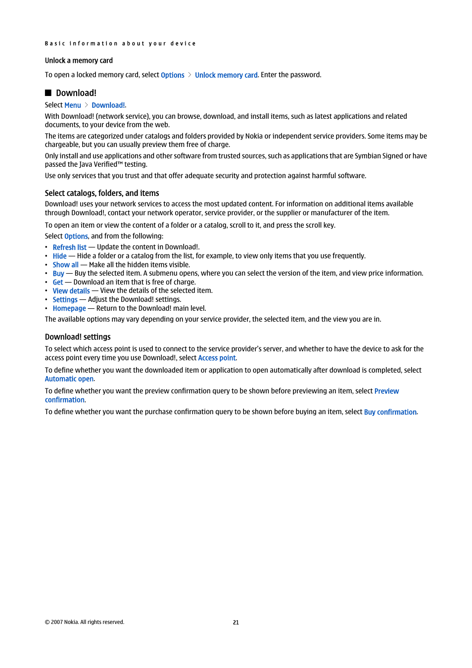 Unlock a memory card, Download, Select catalogs, folders, and items | Download! settings | Nokia E65 User Manual | Page 21 / 99