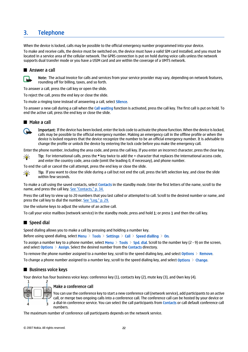 Telephone, Answer a call, Make a call | Speed dial, Business voice keys, Make a conference call | Nokia E65 User Manual | Page 22 / 99