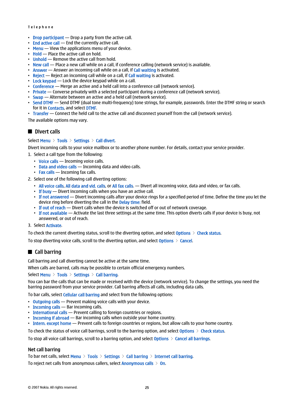 Divert calls, Call barring, Net call barring | Nokia E65 User Manual | Page 25 / 99