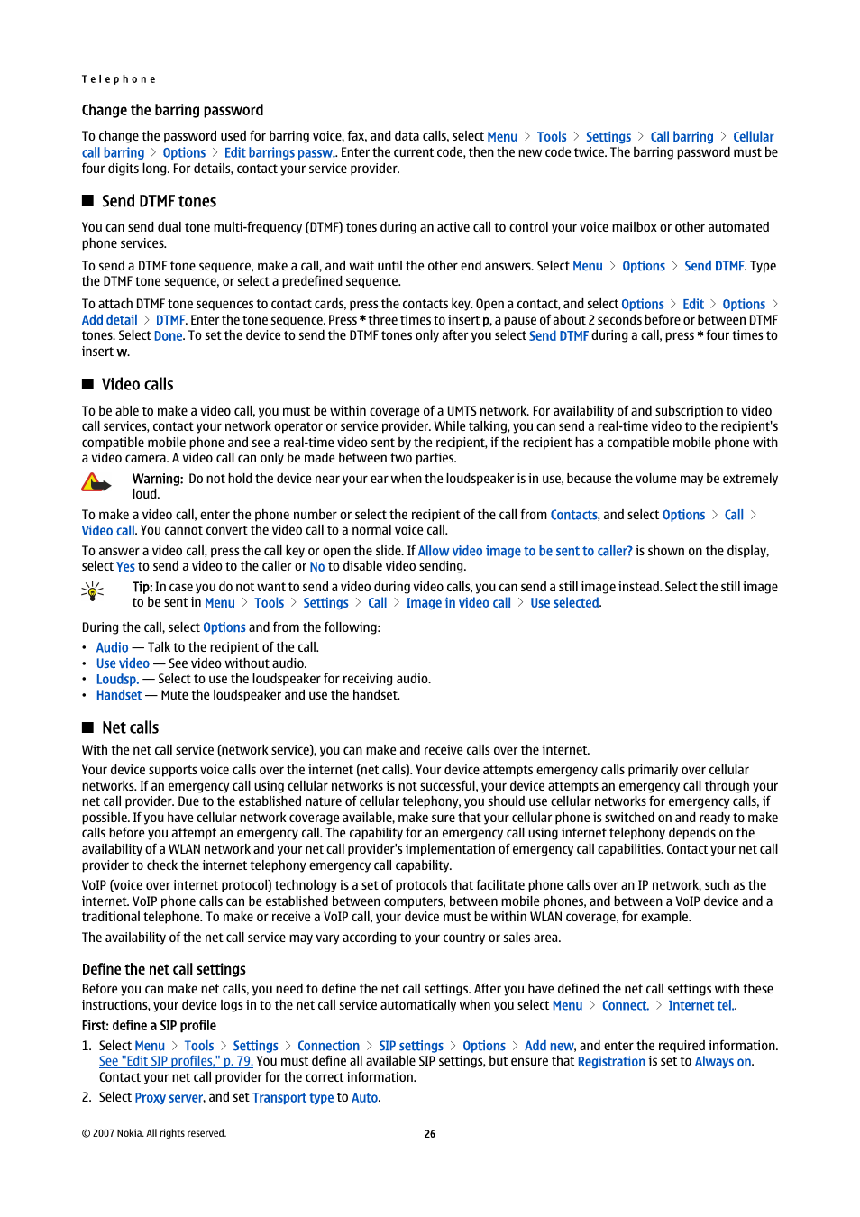 Change the barring password, Send dtmf tones, Video calls | Net calls, Define the net call settings | Nokia E65 User Manual | Page 26 / 99