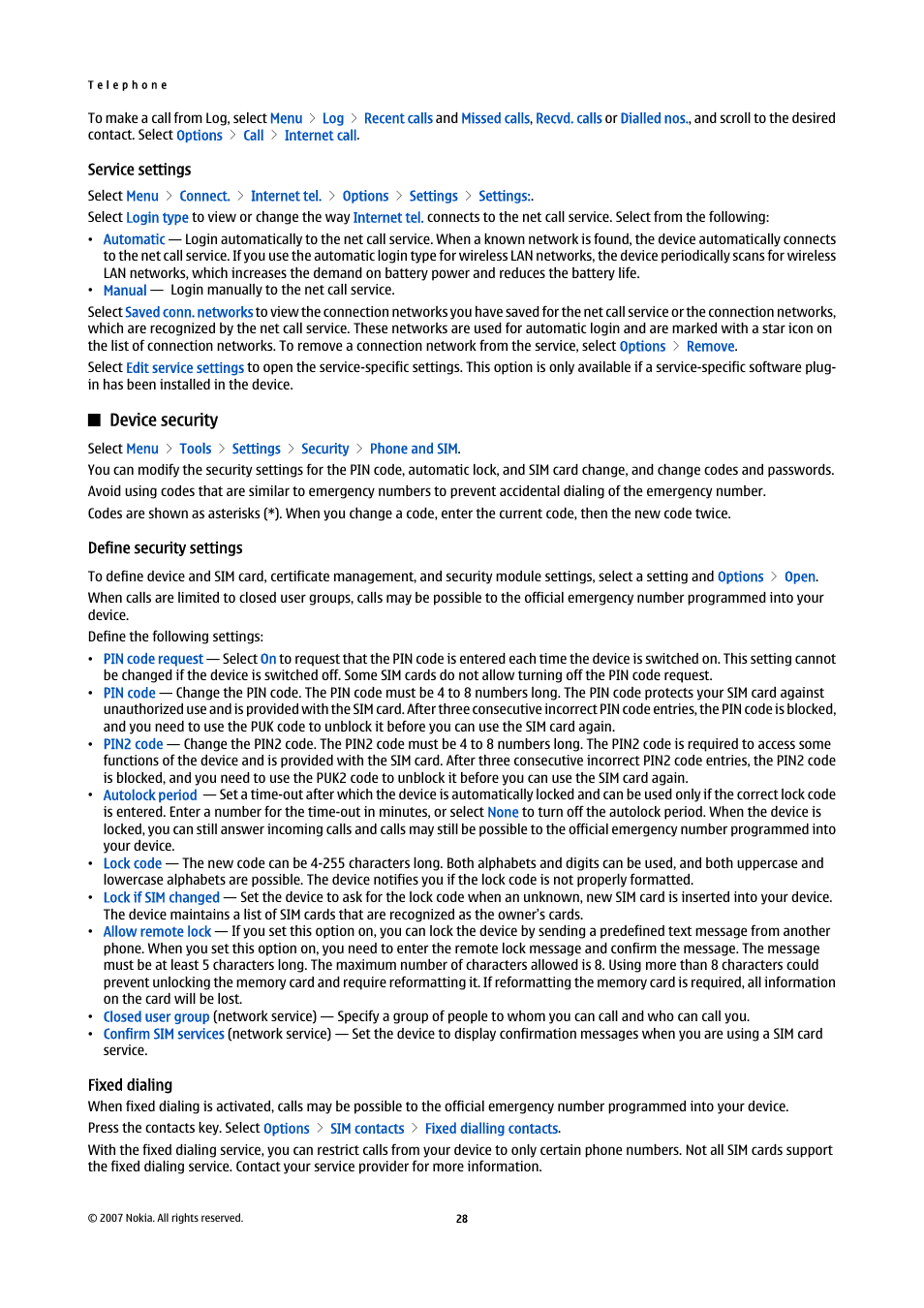 Service settings, Device security, Define security settings | Fixed dialing | Nokia E65 User Manual | Page 28 / 99