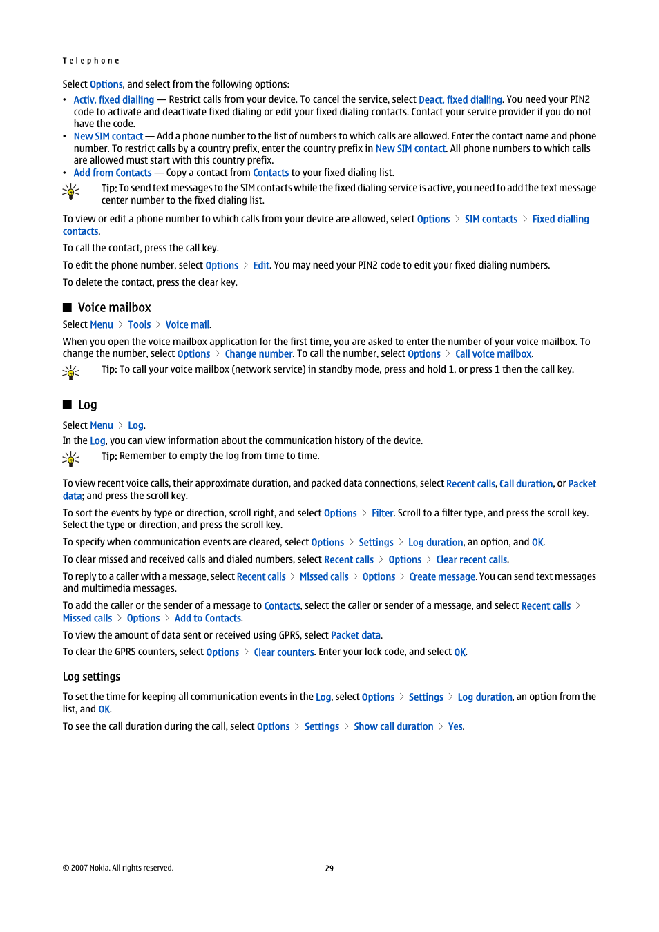 Voice mailbox, Log settings | Nokia E65 User Manual | Page 29 / 99