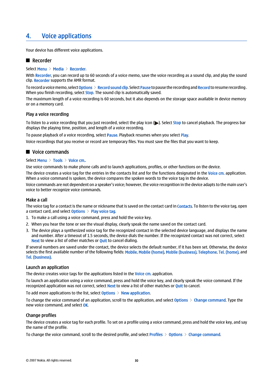 Voice applications, Recorder, Play a voice recording | Voice commands, Make a call, Launch an application, Change profiles | Nokia E65 User Manual | Page 30 / 99