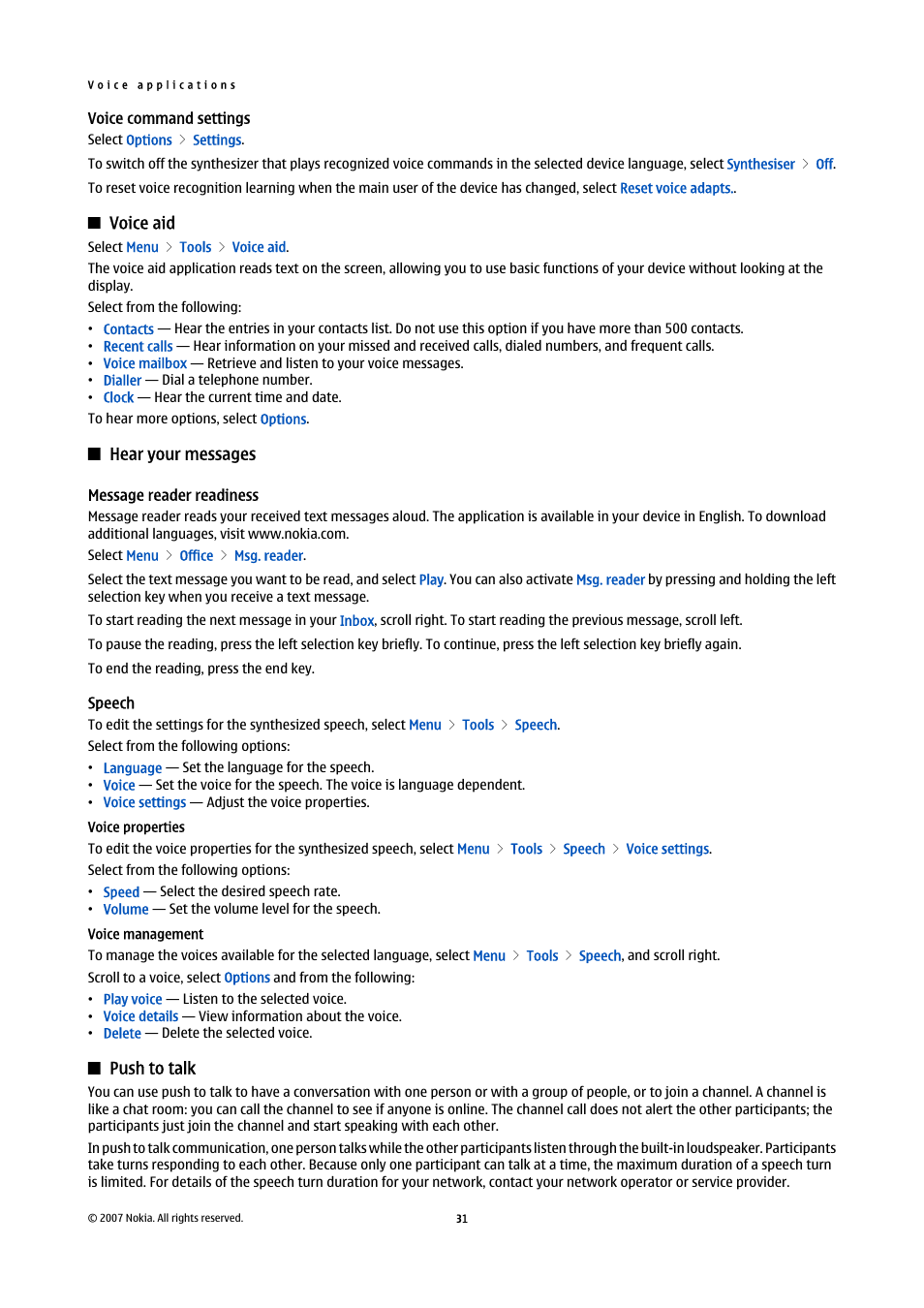 Voice command settings, Voice aid, Hear your messages | Message reader readiness, Speech, Voice properties, Voice management, Push to talk | Nokia E65 User Manual | Page 31 / 99