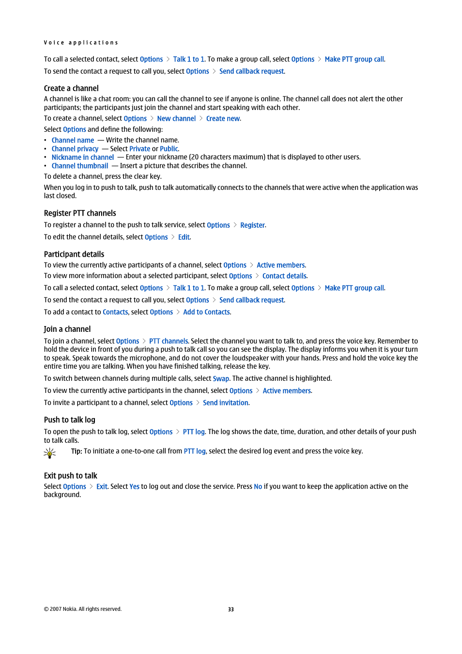 Create a channel, Register ptt channels, Participant details | Join a channel, Push to talk log, Exit push to talk | Nokia E65 User Manual | Page 33 / 99