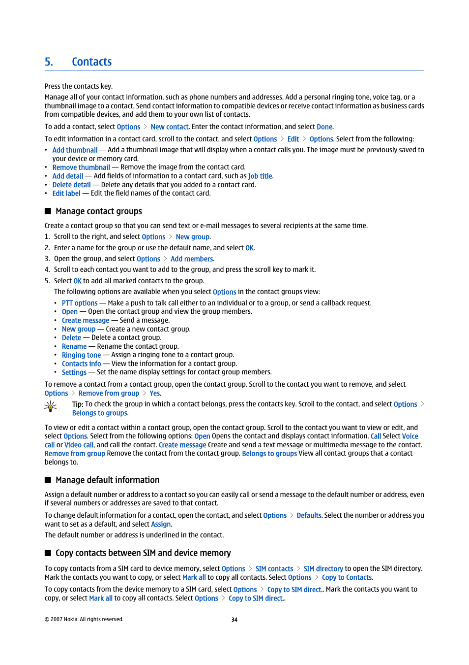 Contacts, Manage contact groups, Manage default information | Copy contacts between sim and device memory | Nokia E65 User Manual | Page 34 / 99