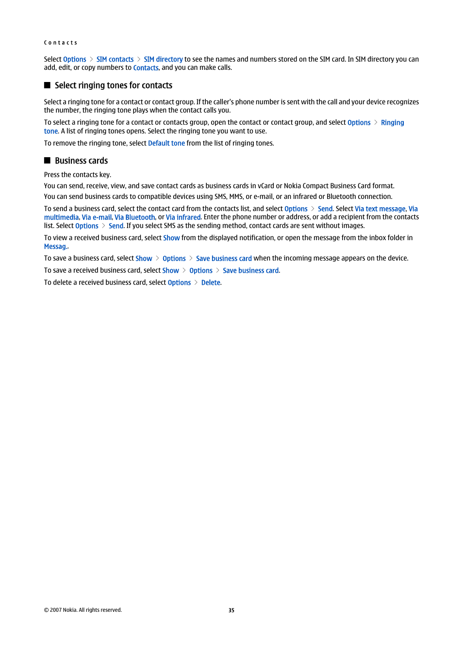 Select ringing tones for contacts, Business cards | Nokia E65 User Manual | Page 35 / 99