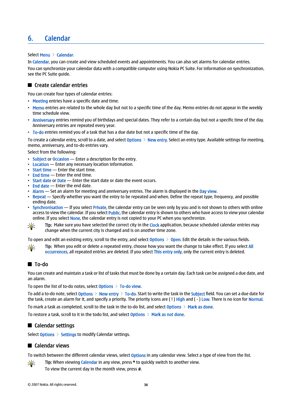 Calendar, Create calendar entries, To-do | Calendar settings, Calendar views | Nokia E65 User Manual | Page 36 / 99