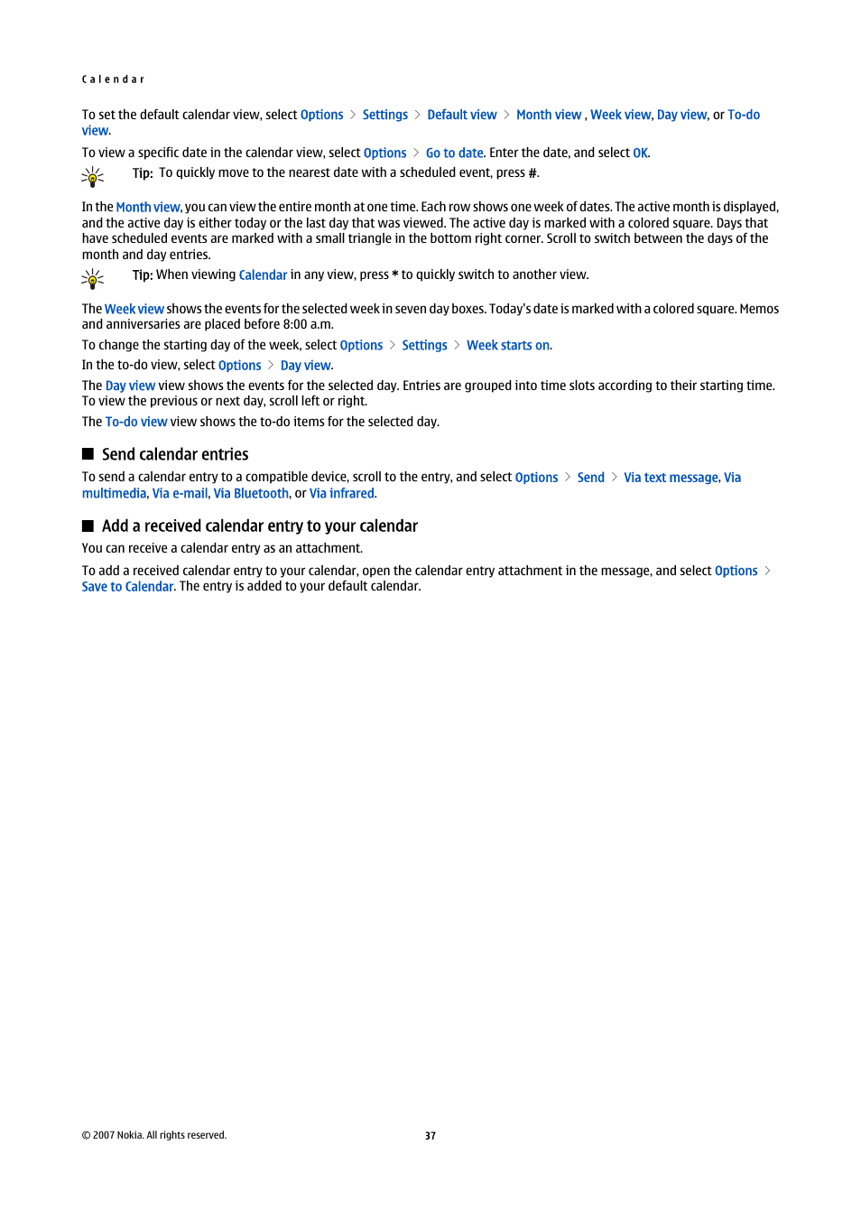 Send calendar entries, Add a received calendar entry to your calendar | Nokia E65 User Manual | Page 37 / 99