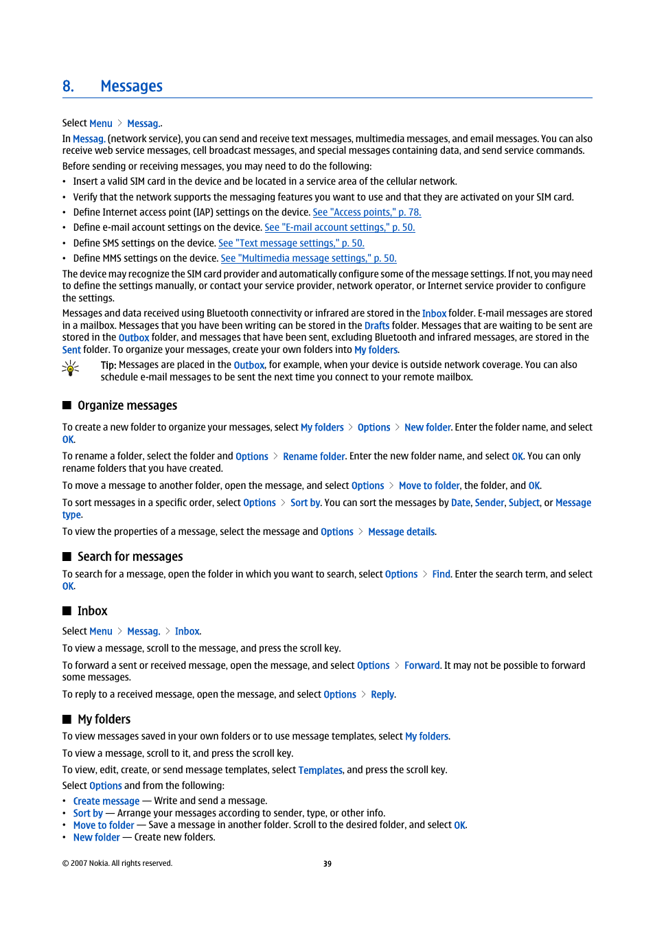 Messages, Organize messages, Search for messages | Inbox, My folders | Nokia E65 User Manual | Page 39 / 99