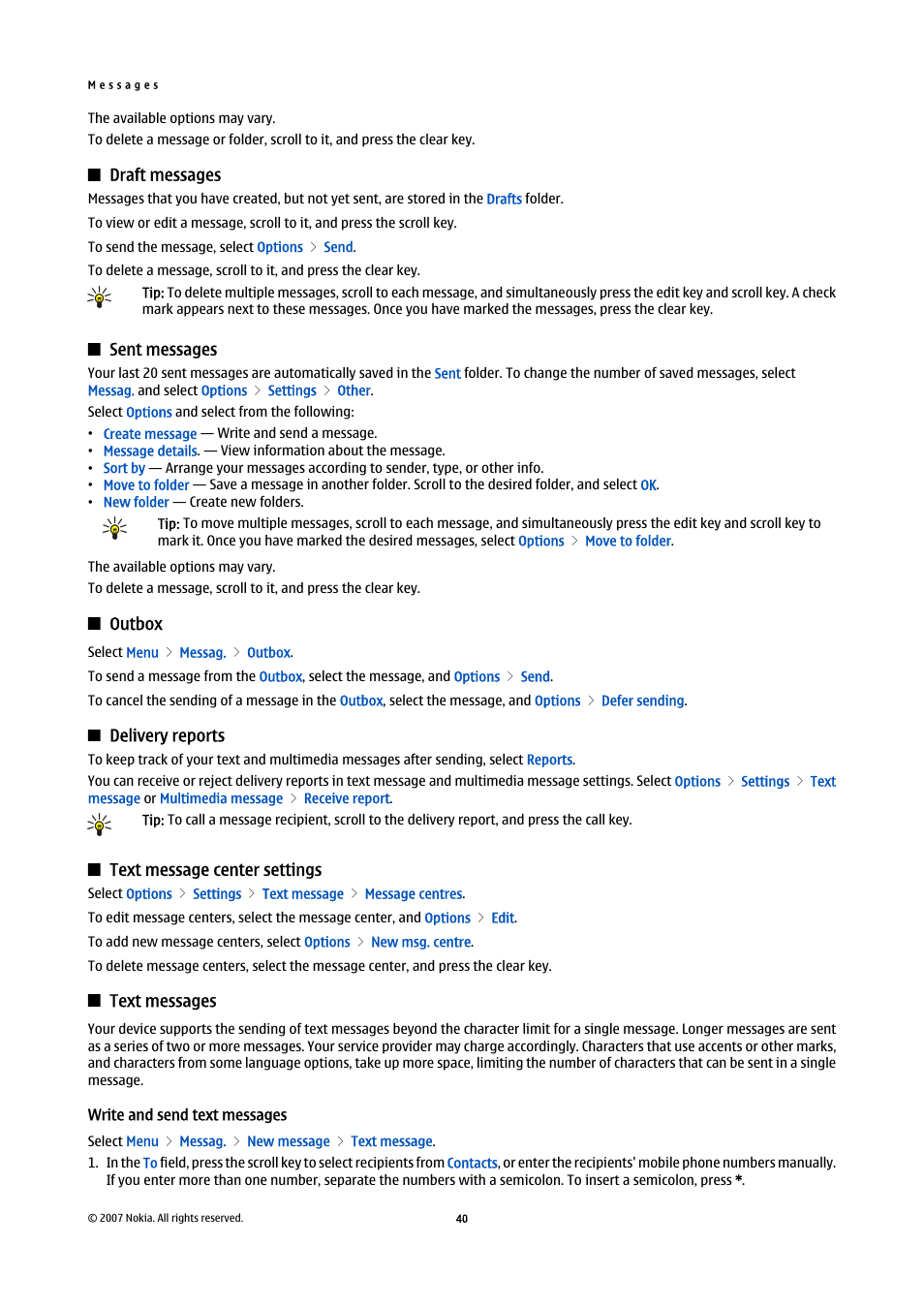 Draft messages, Sent messages, Outbox | Delivery reports, Text message center settings, Text messages, Write and send text messages | Nokia E65 User Manual | Page 40 / 99