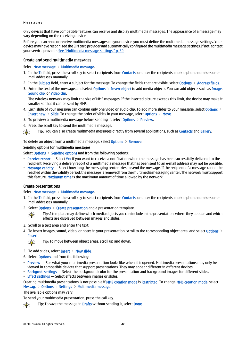 Create and send multimedia messages, Create presentations | Nokia E65 User Manual | Page 42 / 99