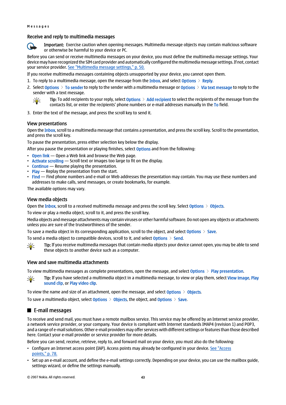 Receive and reply to multimedia messages, View presentations, View media objects | View and save multimedia attachments, E-mail messages | Nokia E65 User Manual | Page 43 / 99