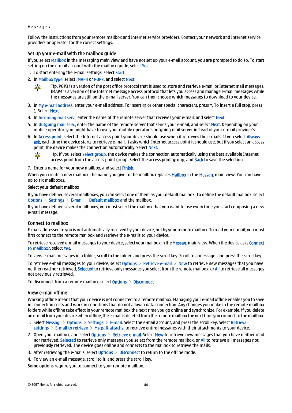 Set up your e-mail with the mailbox guide, Connect to mailbox, View e-mail offline | Nokia E65 User Manual | Page 44 / 99