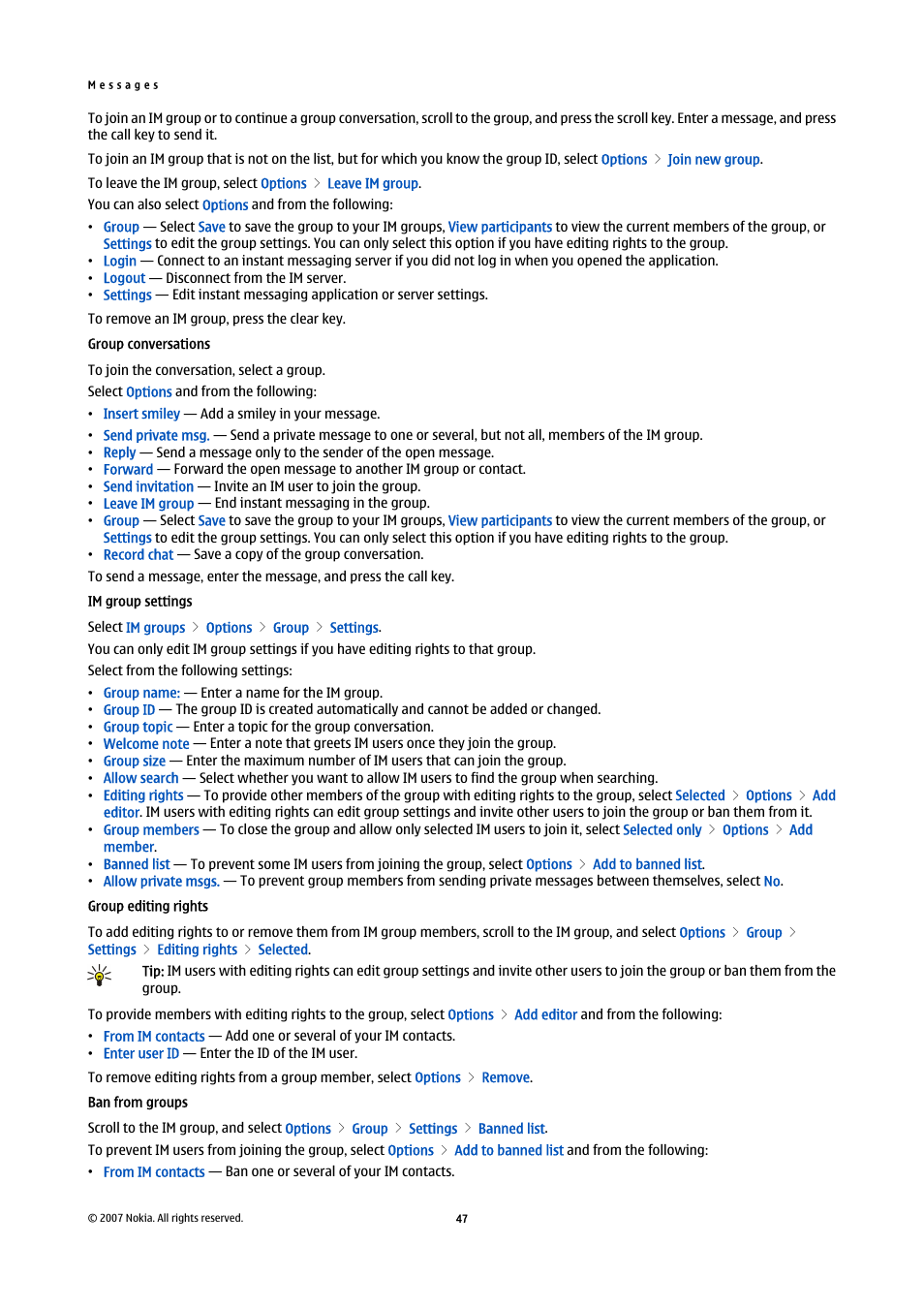 Group conversations, Im group settings, Group editing rights | Ban from groups | Nokia E65 User Manual | Page 47 / 99