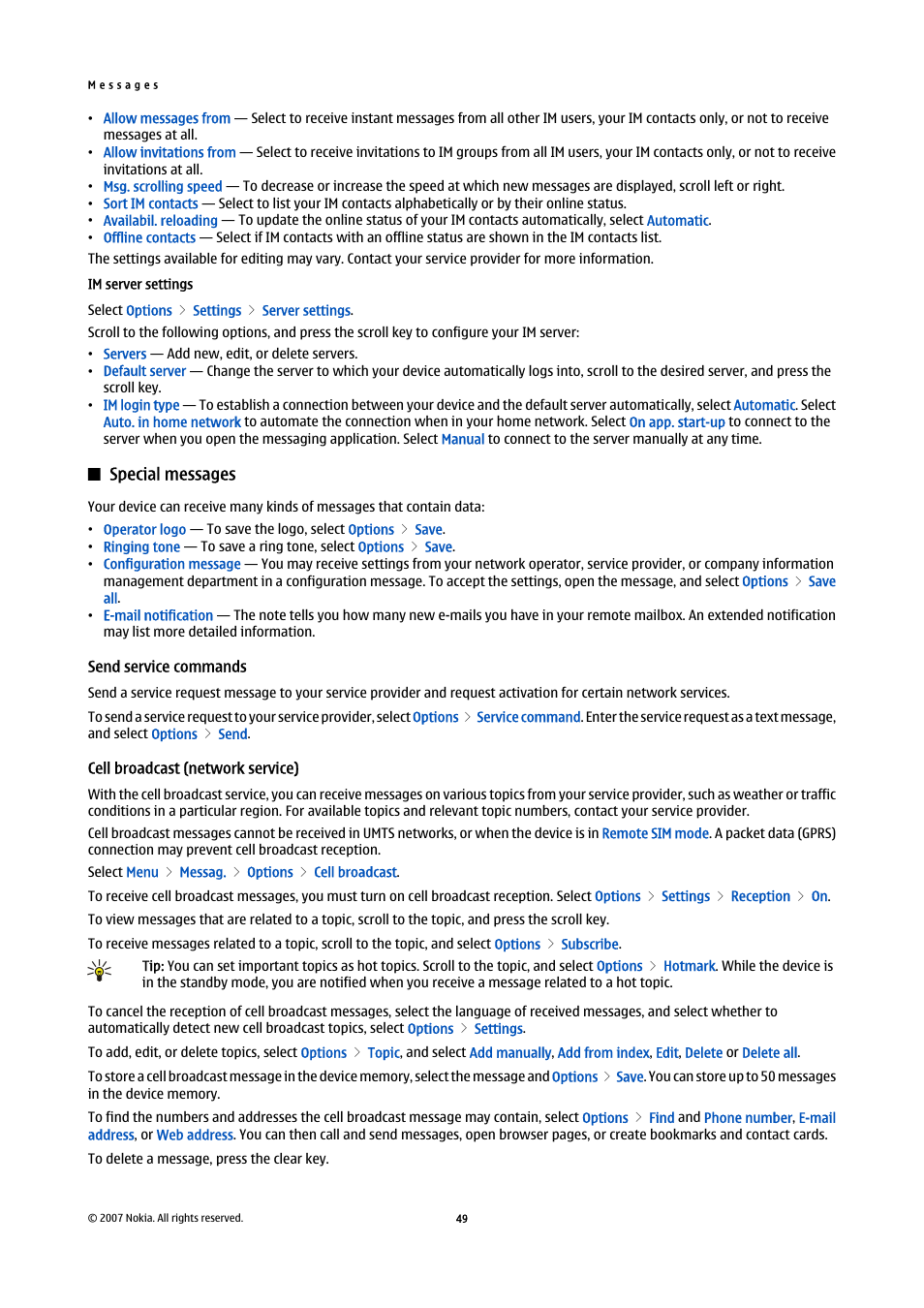 Im server settings, Special messages, Send service commands | Cell broadcast (network service) | Nokia E65 User Manual | Page 49 / 99