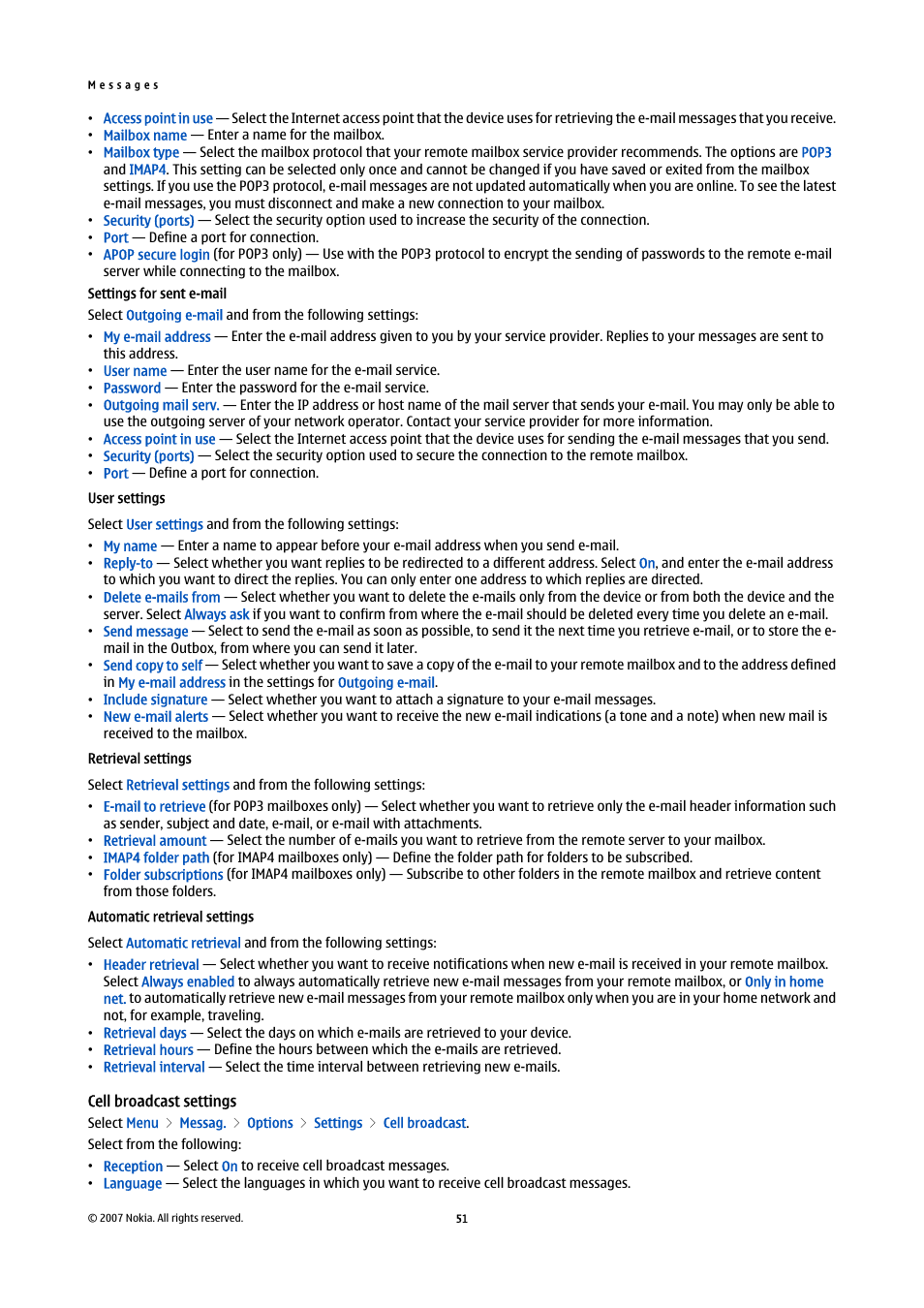 User settings, Retrieval settings, Automatic retrieval settings | Cell broadcast settings | Nokia E65 User Manual | Page 51 / 99