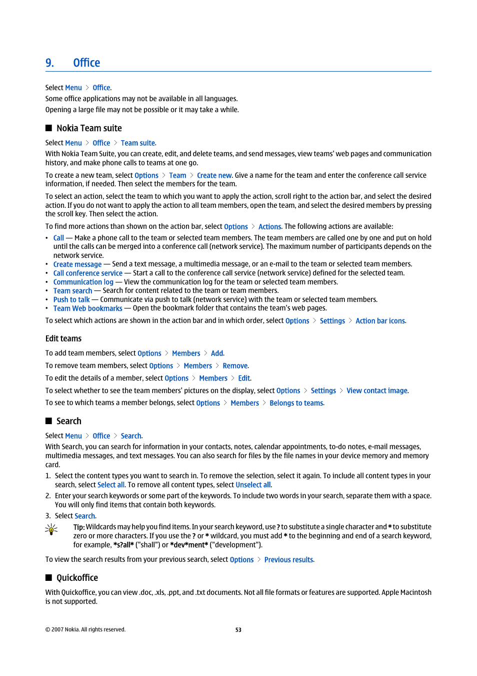 Office, Nokia team suite, Edit teams | Search, Quickoffice | Nokia E65 User Manual | Page 53 / 99