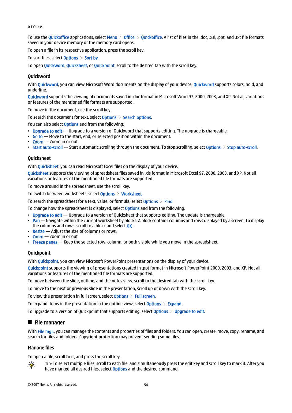 Quickword, Quicksheet, Quickpoint | File manager, Manage files | Nokia E65 User Manual | Page 54 / 99