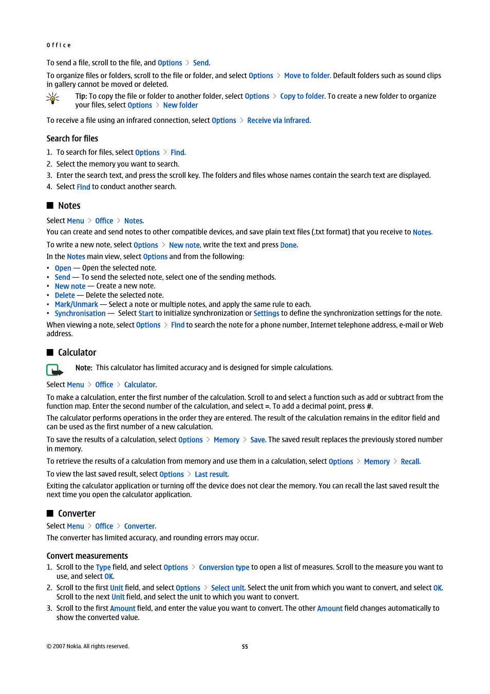 Search for files, Notes, Calculator | Converter, Convert measurements | Nokia E65 User Manual | Page 55 / 99