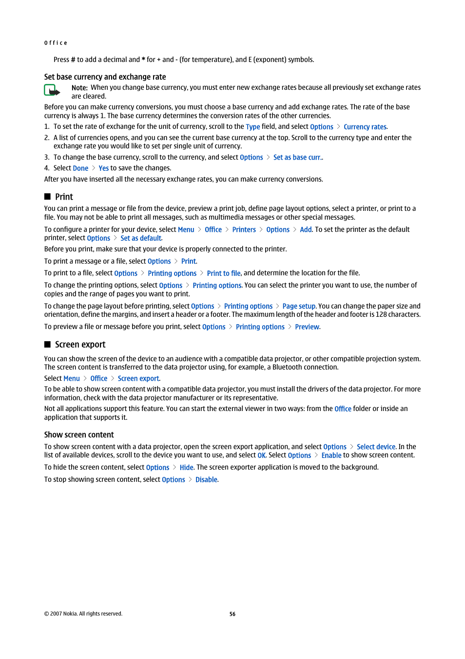 Set base currency and exchange rate, Print, Screen export | Show screen content | Nokia E65 User Manual | Page 56 / 99