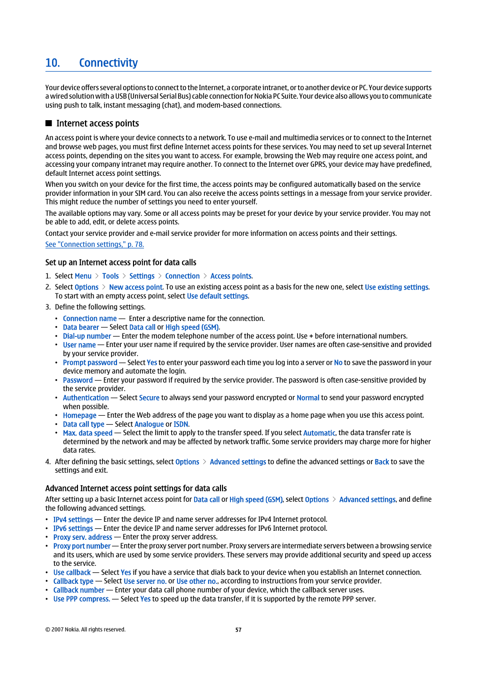 Connectivity, Internet access points, Set up an internet access point for data calls | Nokia E65 User Manual | Page 57 / 99